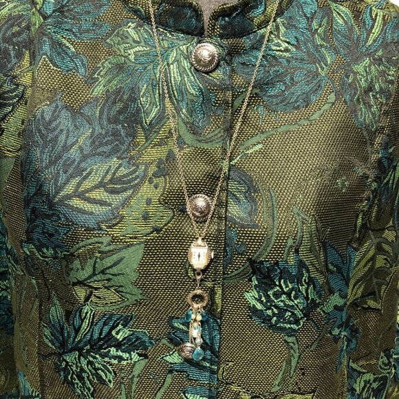 Tudor Court Jacket Womens Size 1X Green Teal Silver Tapestry Button Up Blazer - Picture 2 of 6